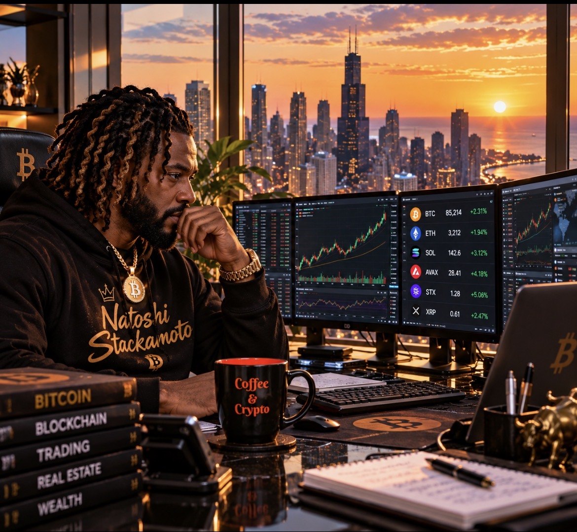 Natoshi Stackamoto studying crypto charts on a wall of monitors above the Chicago skyline at sunset, with a Coffee & Crypto mug on the desk